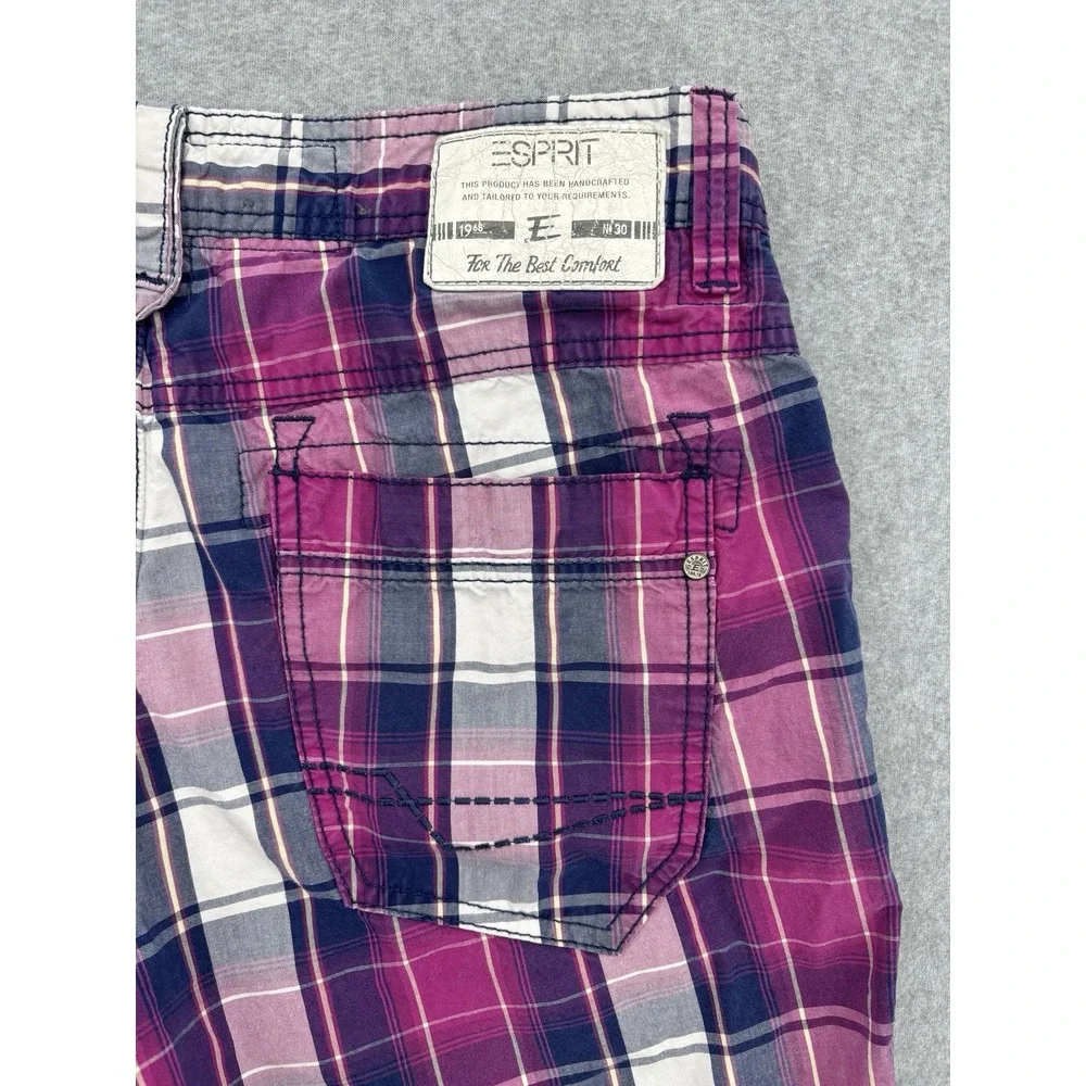 Esprit Mens W33 Plaid Cargo Shorts Pink Navy Cotton Drawstring Y2K